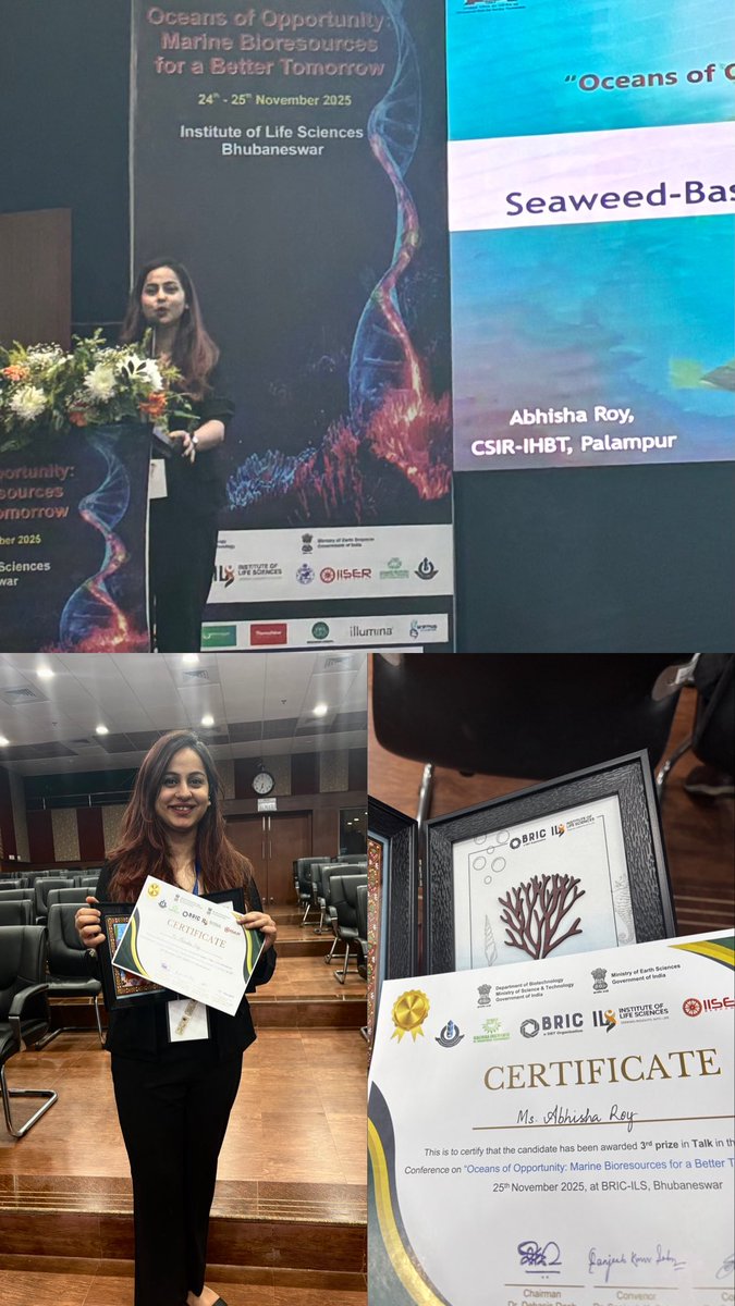 Thrilled to have won 3rd Prize in the Oral Talk category at the “Oceans of Opportunity” conference at ILS Bhubaneswar! 
Grateful to the organizers, panelists &amp; fellow researchers and a huge thank you to my supervisors, <a href="/HallanVipin/">Dr. Vipin Hallan</a> &amp; <a href="/SaikatB12420481/">Saikat Bhattacharjee</a>.
<a href="/CSIR_IHBT/">CSIR-Institute of Himalayan Bioresource Technology</a>