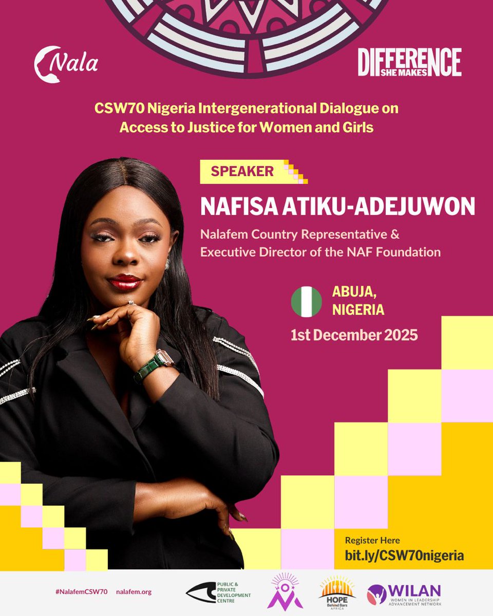 Naf_YoungWomen's tweet photo. We’re excited to introduce the speakers for the CSW70 Nigeria Intergenerational Dialogue on Access to Justice for Women and Girls.
@AtikuNafisa @thefunkeadeoye @lucyjamesabagi @Starlet_writes 

#nalafem 
#CSW70nigeria
#naffoundation
#intergenerationaldialogue
#accesstojustice https://t.co/lhcHfsPk2q