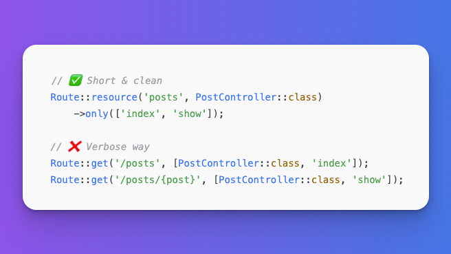 laravelbackpack's tweet image. #Laravel Tip

Did you know... You can register only specific routes from a resource controller — no need to define them all.