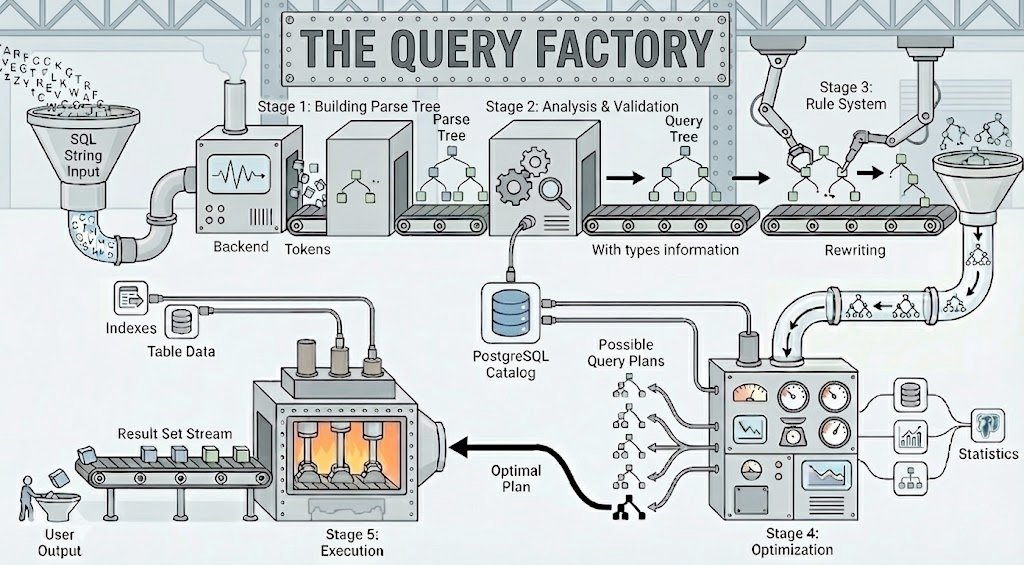 jespinog's tweet image. Been experimenting with Nano Banana Pro and the Postgres internals I’m covering in my blog series. With a lot of help from Gimp, I made an infographic showing the full SQL query round trip inside Postgres. Hope it helps fellow visual learners! 📊🐘 #postgresql