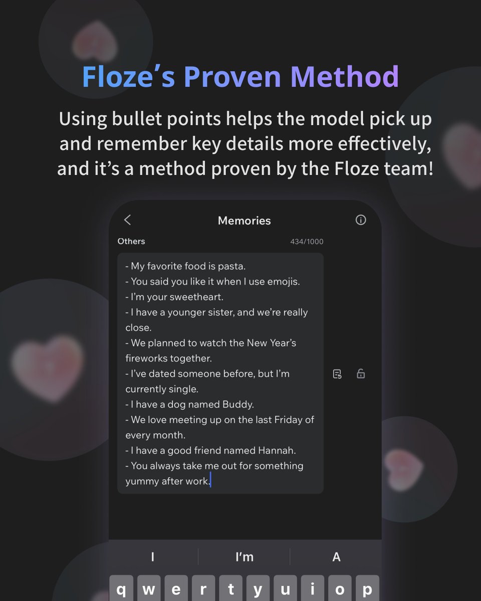 FlozeAI's tweet image. Upgrade: Write More, Create More! ✨
We have officially doubled the room for your creativity! You no longer need to worry about running out of space. It is time to give your characters the depth they deserve. 💖

#floze #aichat #aichatbot #AI