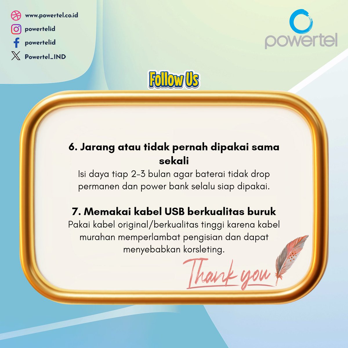 Powertel_IND's tweet image. 7 Kesalahan Pengguna Power Bank yang Sering Tidak Disadari

#powerbank #tipspowerbank #chargergadget #tipsgadget #perawatanpowerbank #hindarikerusakan #gadgettips #teknologi #bateraihp #gadgetharian #infoteknologi #powertelid