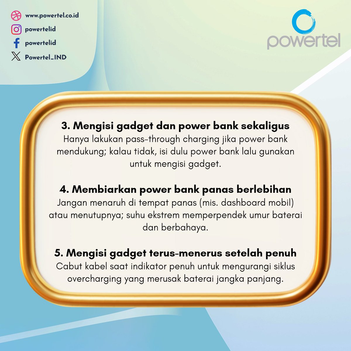 Powertel_IND's tweet image. 7 Kesalahan Pengguna Power Bank yang Sering Tidak Disadari

#powerbank #tipspowerbank #chargergadget #tipsgadget #perawatanpowerbank #hindarikerusakan #gadgettips #teknologi #bateraihp #gadgetharian #infoteknologi #powertelid