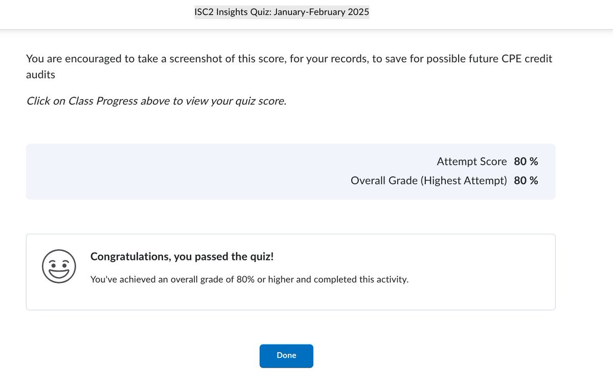 pesia_one's tweet image. #cissp 
ISC2 Insights Quiz: January-February 2025 で80%取った！！ギリギリクリア！！！
何回でも回答できるみたいですが、今回は先に進んで熱のクイズやります。まずはCPEクレジットを確保しないと。