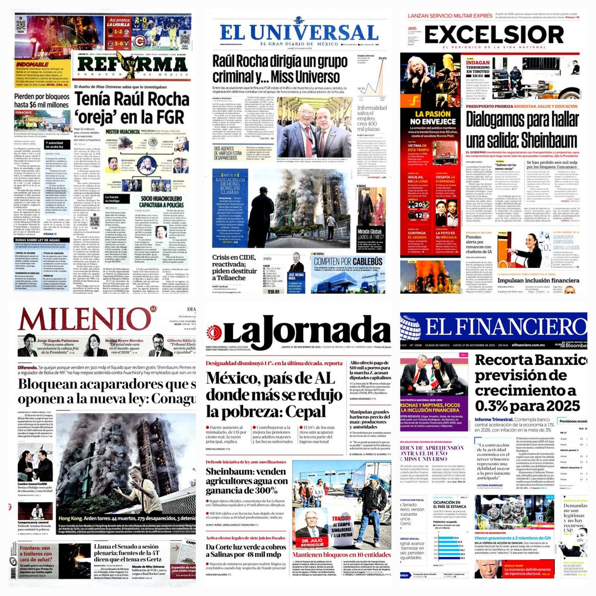 daniellemx_'s tweet image. Prensa en México ... #Reforma #ElUniversal #Excélsior #Milenio  #LaJornada #ElFinanciero #27noviembre2025
