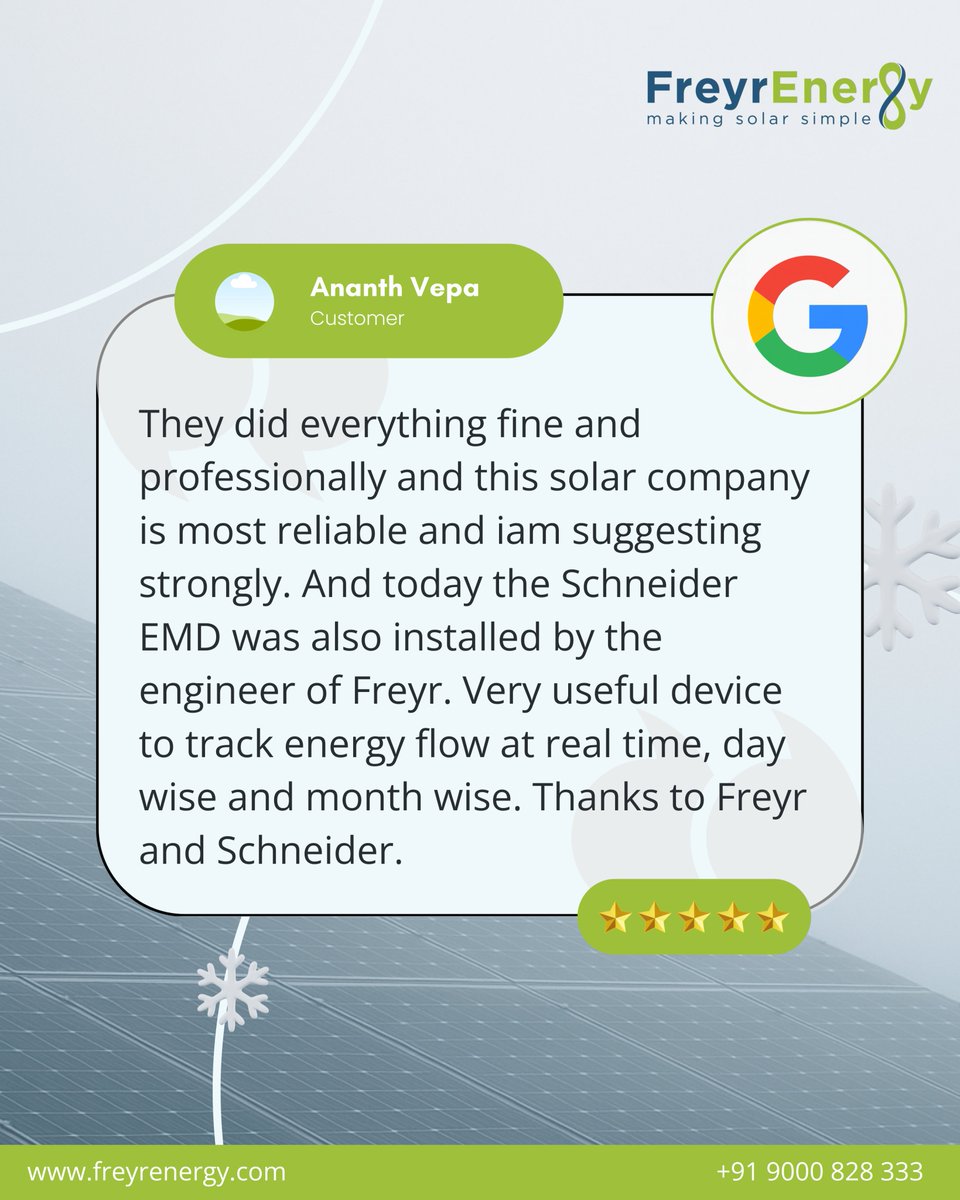 FreyrEnergy's tweet image. Your trust fuels our energy.
Every review, every smile and every successful installation reminds us why we do what we do — to make solar simple, reliable and accessible for everyone.

📞 +91 9000 828 333
🔗 freyrenergy.com
#FreyrEnergy #MakingSolarSimple #CustomerStories