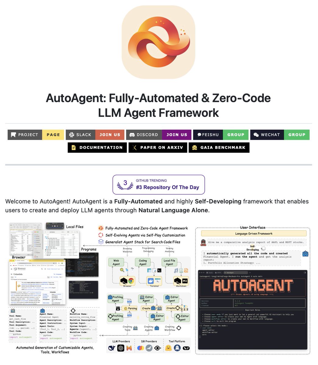 c4ml_'s tweet image. Build and deploy LLM agents just using natural language!  

AutoAgent is the Fully-Automated &amp;amp; Zero-CodeLLM Agent Framework that let&apos;s you create and deploy LLM agents using just natural language.

100% Open Source