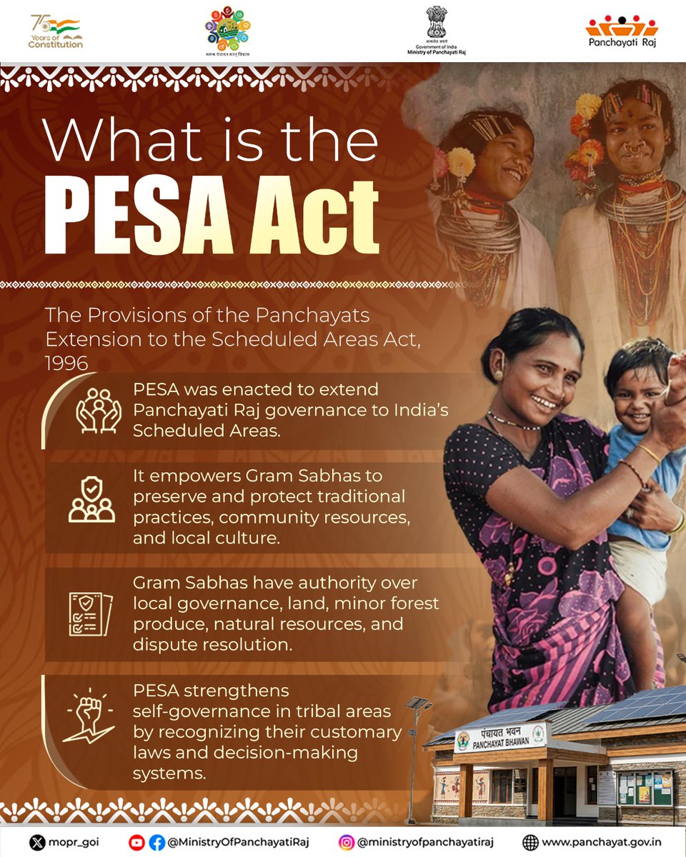 mopr_goi's tweet image. The Panchayats (Extension to the Scheduled Areas) Act, 1996 (PESA) is a landmark legislation that extends the spirit of Panchayati Raj to India’s Scheduled Areas. By empowering #GramSabhas with decisive authority over #LocalGovernance, land, minor forest produce, natural…