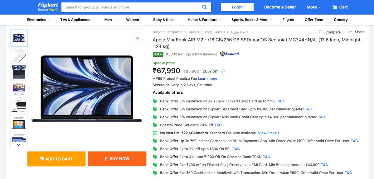 TechoMax's tweet image. Apple MacBook Air M2 (16GB RAM + 256GB SSD) at just ₹67,990 on Flipkart! (20% off).
Perfect laptop for students, professionals &amp;amp; casual users – super smooth macOS Sequoia, all-day battery and a great display.

#MacBookAir #M2 #AppleDeal #Flipkart