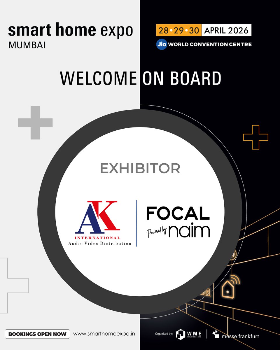 expo_smart's tweet image. We’re excited to welcome AK INTERNATIONAL to Smart Home Expo 2026 as an exhibitor.

📅 April 28, 29, 30, 2026
📍 Jio World Convention Centre, Mumbai

👉 Bookings open now: smarthomeexpo.short.gy/QBcJEc

#SmartHomeExpo #SmartLiving #TechInnovation #Mumbai #HomeAutomation #SmartHomeTech