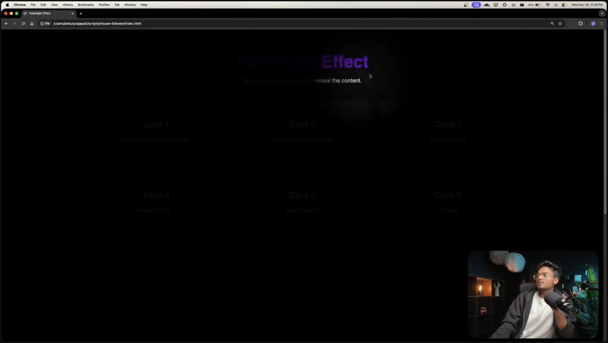 _Sourav_Sanjay_'s tweet image. Day 42 of Cohort 2.0💡

@ankurdotio taught the logic behind the flashlight effect using DOM with.
🎯 radial gradient().
🎯 Custom CSS variables.

@sheryians_ #100DaysOfCode #javascriptforthewin 
#cohort2