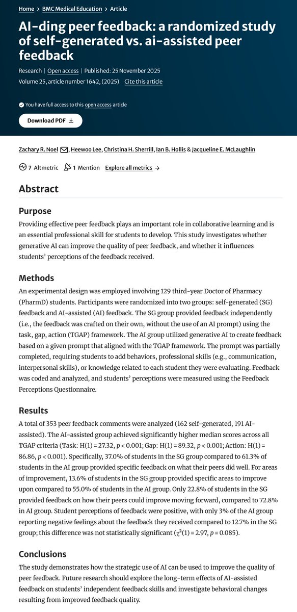 AI makes student feedback radically better if you structure the prompt.

In an experiment (N=129), students who used AI to give feedback to their peers:

• Gave more specific praise
• Identified clearer gaps
• Offered 3x more actionable next steps