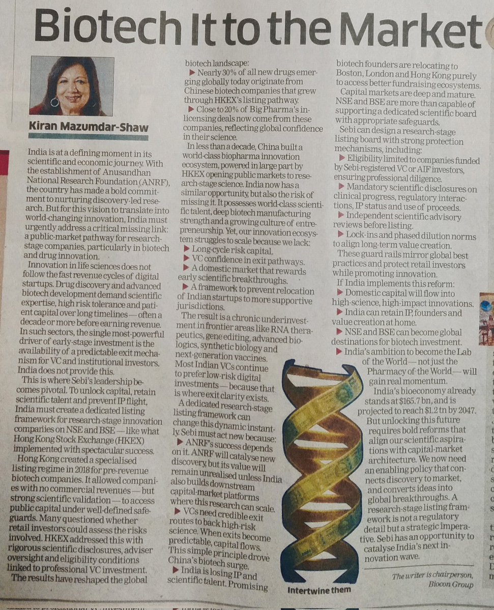 What a beautiful idea to list biotech startups on NSE and BSE, which are in research phase and have not yet generated revenue.

In this way, they will get funding for research and talent don't have to migrate to other countries.

China did it, India can do it too.