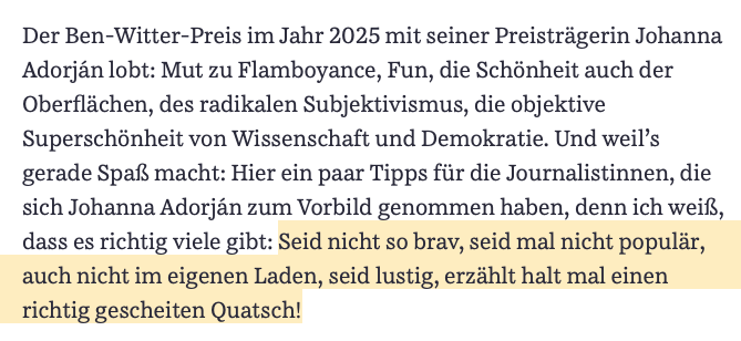 niggi's tweet image. Habe jetzt erst die Laudatio von Moritz von Uslar auf die sehr tolle Johanna Adorján zur Verleihung des Ben-Witter-Preises gelesen, und sie ist: sehr toll. sueddeutsche.de/kultur/johanna…