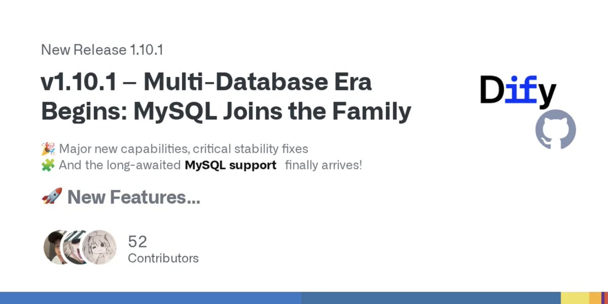 dify_ai's tweet image. Dify v1.10.1 is live

Major backend upgrade
- Dify now ships with full MySQL support, alongside PostgreSQL and OceanBase. This release adds multi‑database adaptation, refactored SQL and migration logic, and new configuration options to make the metadata layer more flexible,…