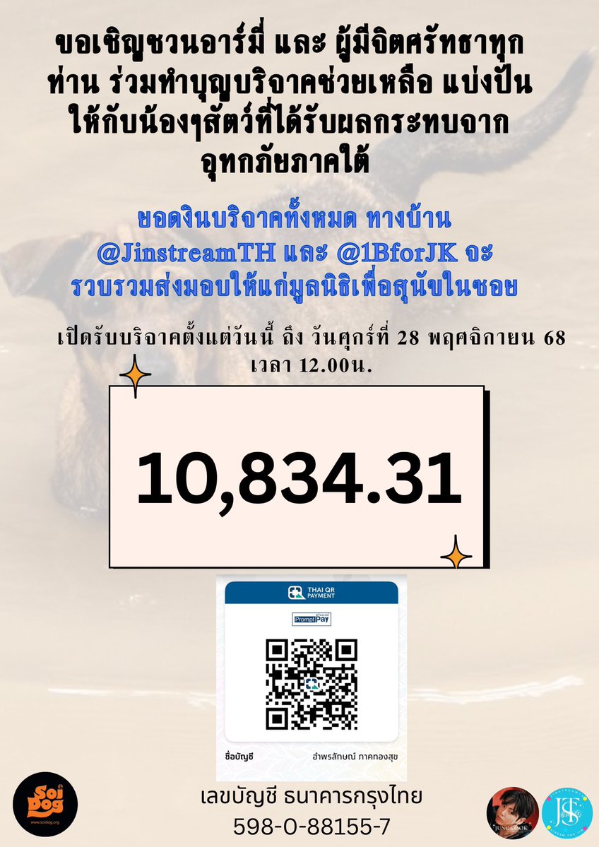 1BforJK's tweet image. 📣 อัพเดทยอดบริจาคขณะนี้: 10,834.31 บาท

📢 ขอเชิญชวนอาร์มี่ และ ผู้มีจิตศรัทธาทุกท่านร่วมกันบริจาคเพื่อช่วยเหลือน้องสัตว์ที่ได้รับผลกระทบจากเหตุการณ์อุทกภัยในภาคใต้ ณ เวลานี้  

โดยบ้าน .@JinstreamTH และ .@1BforJK…