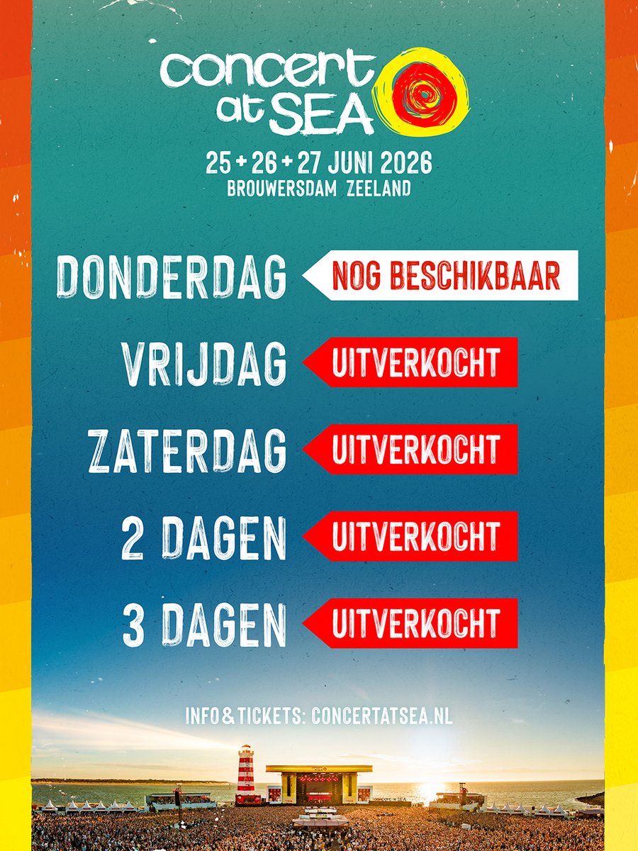 Ticket update ☀️ Alleen nog dagkaarten voor de donderdag beschikbaar! Kijk voor alle informatie op onze website: concertatsea.nl