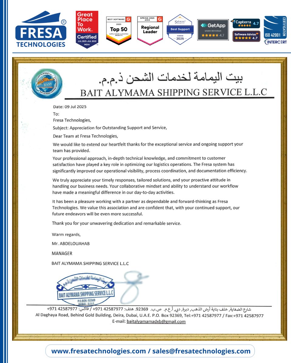 fresatechnology's tweet image. ✨We are deeply grateful to BAIT ALYMAMA SHIPPING SERVICE L.L.C  for their kind appreciation letter.

For more queries please visit below link 👇fresatechnologies.com/clients-feedba…

#FresaTechnologies #FreightSolutions #FreightForwarding #LogisticsSoftware #baitalymama