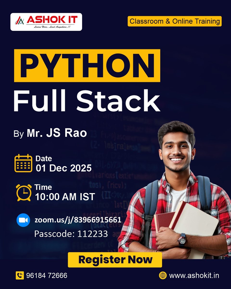 ashokitschool's tweet image. 🌐 Learn Python Full Stack Development with Real-Time Projects!
.
📲 Register Now: tr.ee/4gnS9O
👨‍🏫 Trainer: Mr.JS Rao
📅 Date: 01 Dec 
⏰ Time: 10:00 AM IST
🏫 Mode: Classroom &amp;amp; Online Training
.
#Python #FullStackDevelopment #PythonTraining #WebDevelopment #AshokIT