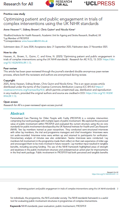 ProsperTrial's tweet photo. Patient and Public Involvement and Engagement can be complex.  See how PPIE in PROSPER measured up using NIHR’s 6 standards - showing benefits for participants, the programme, the NHS &amp; society.  #PPI #NIHR #Frailty

https://t.co/7Sq65VPsTl https://t.co/x2wVCAOz4j