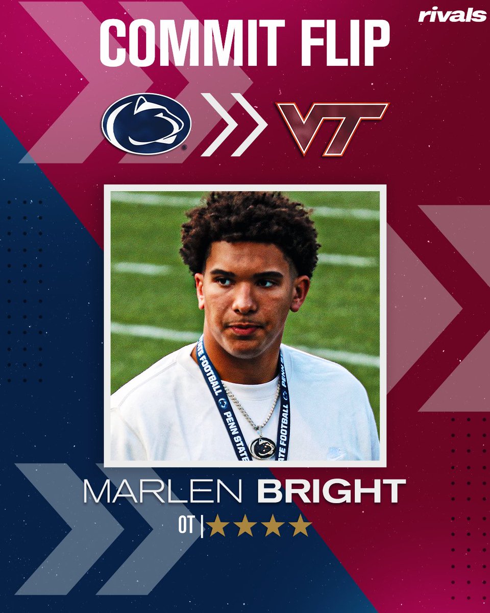 Rivals's tweet image. 🚨BREAKING🚨 4-star OT Marlen Bright has flipped his commitment from Penn State to Virginia Tech🦃

Read: on3.com/rivals/news/ri…