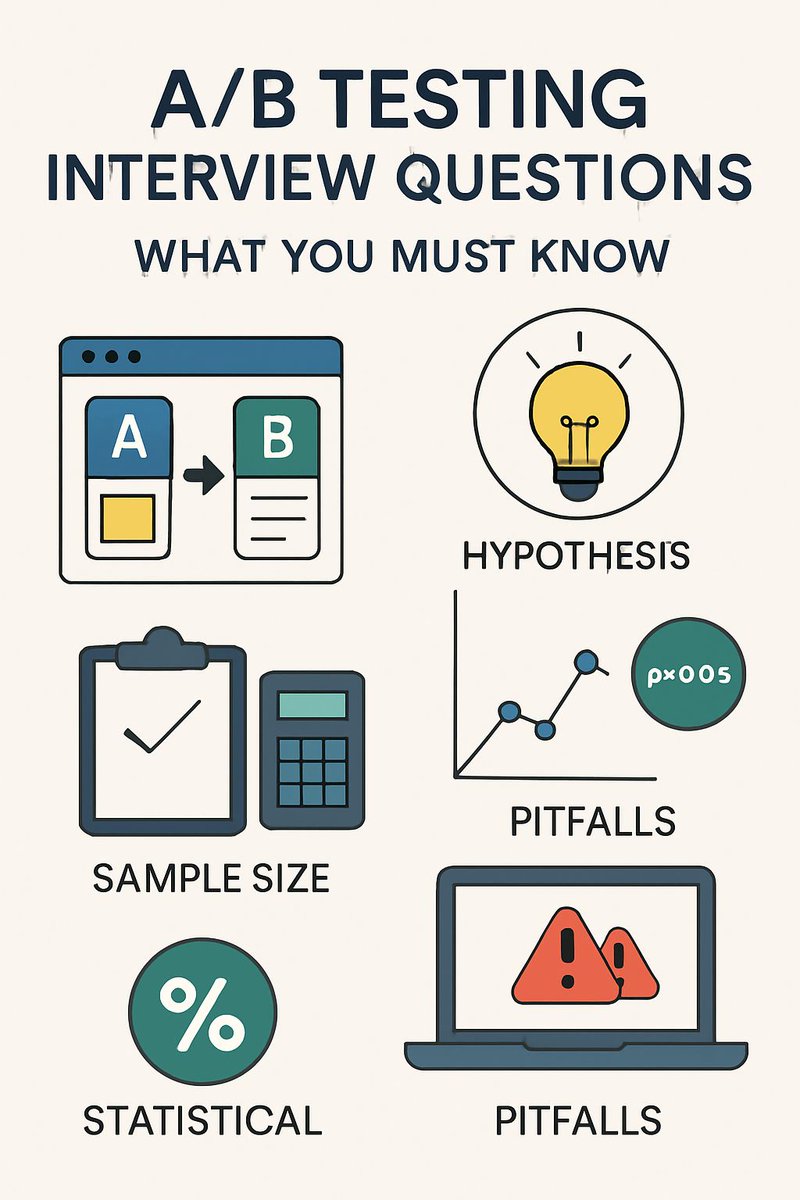 bugfree_ai's tweet image. A/B testing is a must for data roles!  
✔️ Form strong hypotheses  
✔️ Calculate sample size  
✔️ Interpret significance  
Practice clear explanations—communication is key!  
#ABTesting #DataScience #InterviewPrep