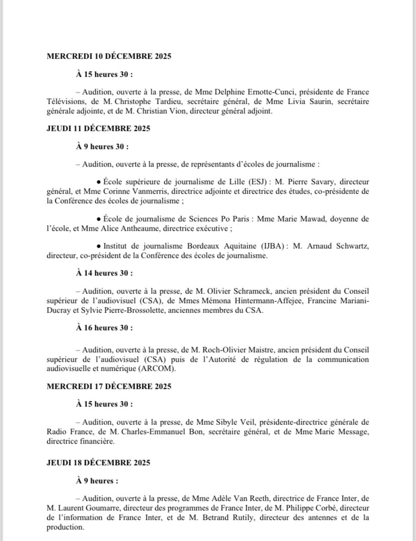 📺Commission d’enquête relative à l’audiovisuel public.
🪶 Communiqué de presse du vendredi 27 novembre 2025