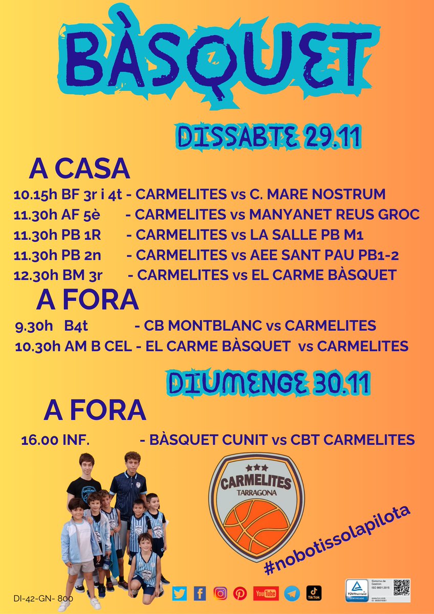 carmelitestgn's tweet image. #ADMTWC #ESPC aquest cap de setmana, dissabte 29.11 súper jornada de bàsquet! tenim cinc partits un darrera l&apos;altre a casa i fora, marxem a Montblanc i al Carme. I diumenge 30.11, anem a Cunit amb l&apos;infantil! @CBT_Tarragona #ensagradaelbàsquet #femesportiamics #viucarmelites