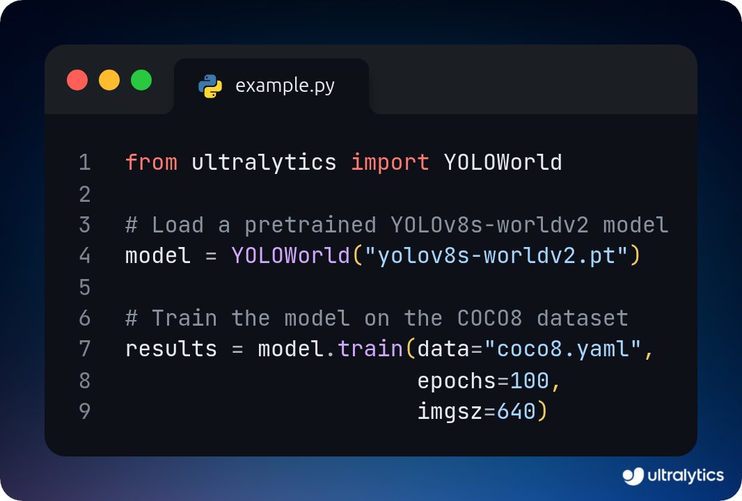 ultralytics's tweet image. Train YOLO-World model on a custom dataset! 🌍

Use YOLOWorld to fine-tune pretrained models like yolov8s-worldv2 and detect objects beyond fixed classes, ideal for dynamic, real-world AI applications.

Learn more ➡️ ow.ly/zRWS50Xgbbi

#AI #ObjectDetection #YOLOWorld