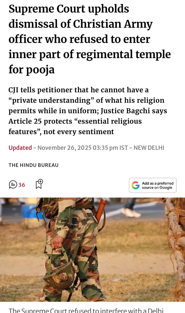 AsianDigest's tweet image. Indian Christian Army officer refused to be part of Hindu prayer Pooja. He was dismissed , now Supreme court says it was correct to dismiss him