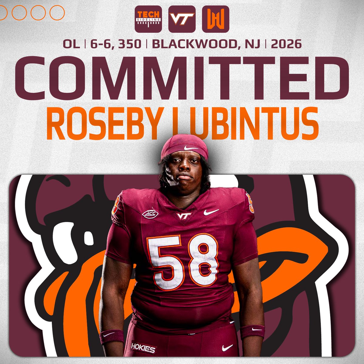 TechSideline's tweet image. COMMITMENT: The #Hokies add to their 2026 class with monster offensive lineman Roseby ‘Purgatory’ Lubintus (6-6, 350).

The New Jersey native held offers from Florida, Penn State, Maryland and others.
