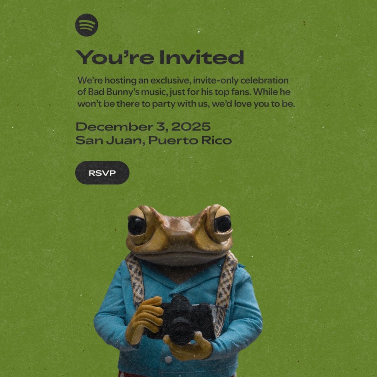 BadBunnyBrasil's tweet image. Prestes a liberar o Spotify Wrapped 2025, o Spotify está convidando os fãs que mais ouviram Bad Bunny ao longo do ano para um evento especial em Porto Rico, no dia 3 de dezembro.