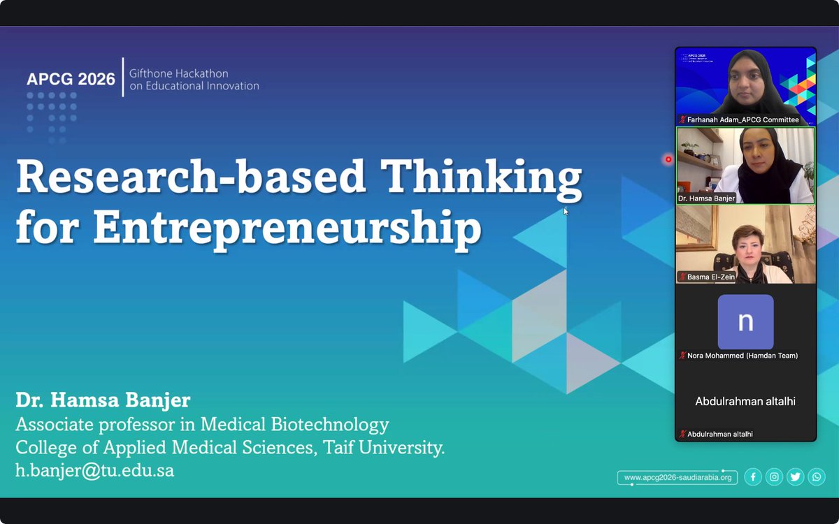 apcg2026's tweet photo. We were honored to welcome  Hamsa Jameel Banjer @H_Banjer for an insightful & interactive Gifthone workshop on Research-Based Thinking Skills for Entrepreneurship, attended by over 40 teams participating in the conference.

Dr. Hamsa emphasized that entrepreneurship isn’t just about a “lightbulb moment” — it’s about rigorous validation. Through an evidence-driven approach, participants learned how to define problems using real data, gather rapid insights, and benchmark solutions to strengthen the feasibility of their ideas. She also highlighted the importance of pitching with solid evidence, one of the most critical skills in any hackathon.

This workshop equips our teams with a clearer, more grounded process as they advance to the next stages of Gifthone.

Thank you, Dr. Hamsa, for guiding our participants with such depth and clarity. 🚀

#Gifthone #APCG2026 #Entrepreneurship #ResearchBasedThinking #EducationalInnovation #SaudiArabia