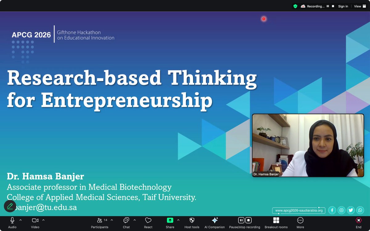 apcg2026's tweet photo. We were honored to welcome  Hamsa Jameel Banjer @H_Banjer for an insightful & interactive Gifthone workshop on Research-Based Thinking Skills for Entrepreneurship, attended by over 40 teams participating in the conference.

Dr. Hamsa emphasized that entrepreneurship isn’t just about a “lightbulb moment” — it’s about rigorous validation. Through an evidence-driven approach, participants learned how to define problems using real data, gather rapid insights, and benchmark solutions to strengthen the feasibility of their ideas. She also highlighted the importance of pitching with solid evidence, one of the most critical skills in any hackathon.

This workshop equips our teams with a clearer, more grounded process as they advance to the next stages of Gifthone.

Thank you, Dr. Hamsa, for guiding our participants with such depth and clarity. 🚀

#Gifthone #APCG2026 #Entrepreneurship #ResearchBasedThinking #EducationalInnovation #SaudiArabia
