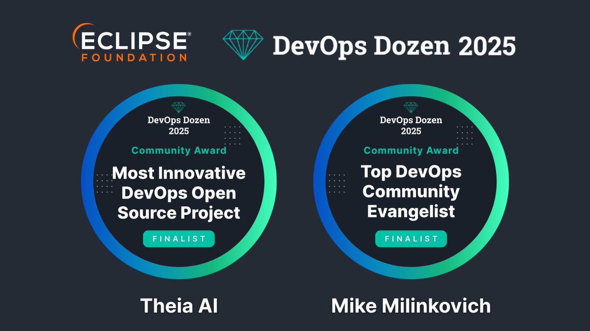 EclipseFdn's tweet image. Two big honours for the #EclipseFdn community in this year’s DevOps Dozen Awards! 🎉
 🏆 Theia AI: Finalist for Most Innovative DevOps Open Source Project
 🌟 Mike Milinkovich: Finalist for Top DevOps Community Evangelist

 Vote for the winners before 31 December 👉…
