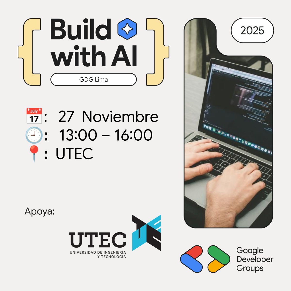 gdglima's tweet image. ✨ ¡Build With AI en la UTEC!
Hoy 27/11 tendremos un laboratorio práctico de IA Generativa con Google Cloud explorando Gemini y lo mejor de #GCP.
🕐 1:00 p. m. – 4:00 p. m.
📍 UTEC

#BuildWithAI #GoogleCloud #Gemini #GDGLima #UTEC