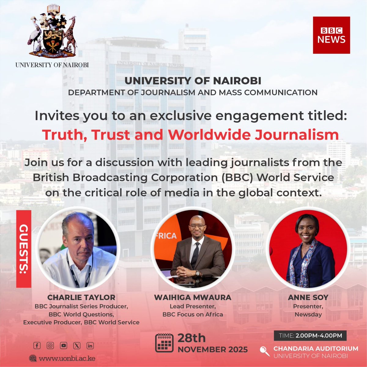 obiero_win82562's tweet image. Join us for valuable insights on the role of media in today’s world. All are welcome!
#weareUoN
#BBCDocumentary