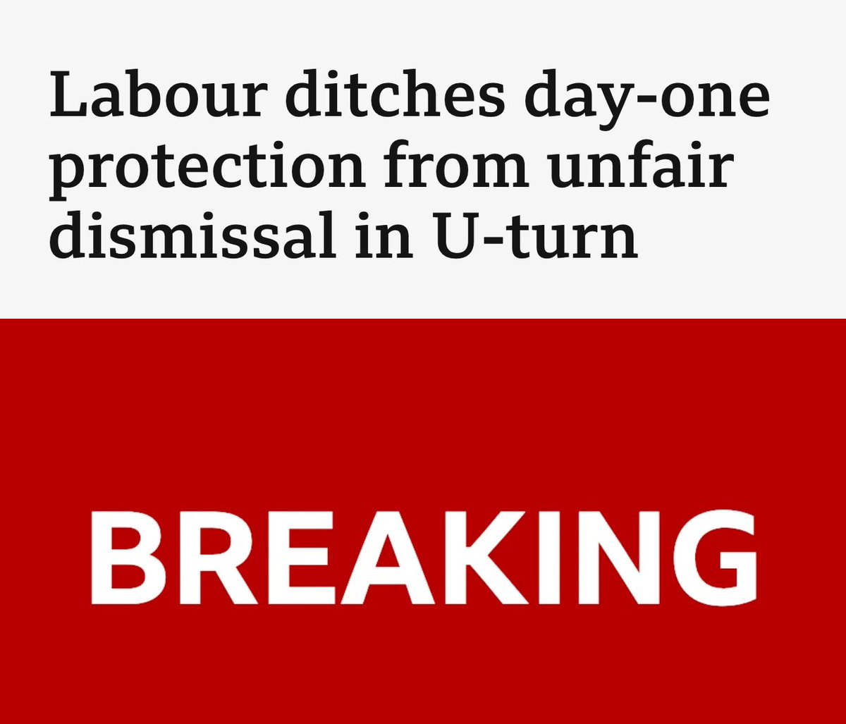 MrBenSellers's tweet image. Here we go. The Govt has u-turned on its manifesto pledge to give all workers protection against unfair dismissal from their first day in a job. A predictable u-turn for Starmer’s @UKLabour, this was a crucial jigsaw piece if you want to protect the most precarious workers. (1/2)