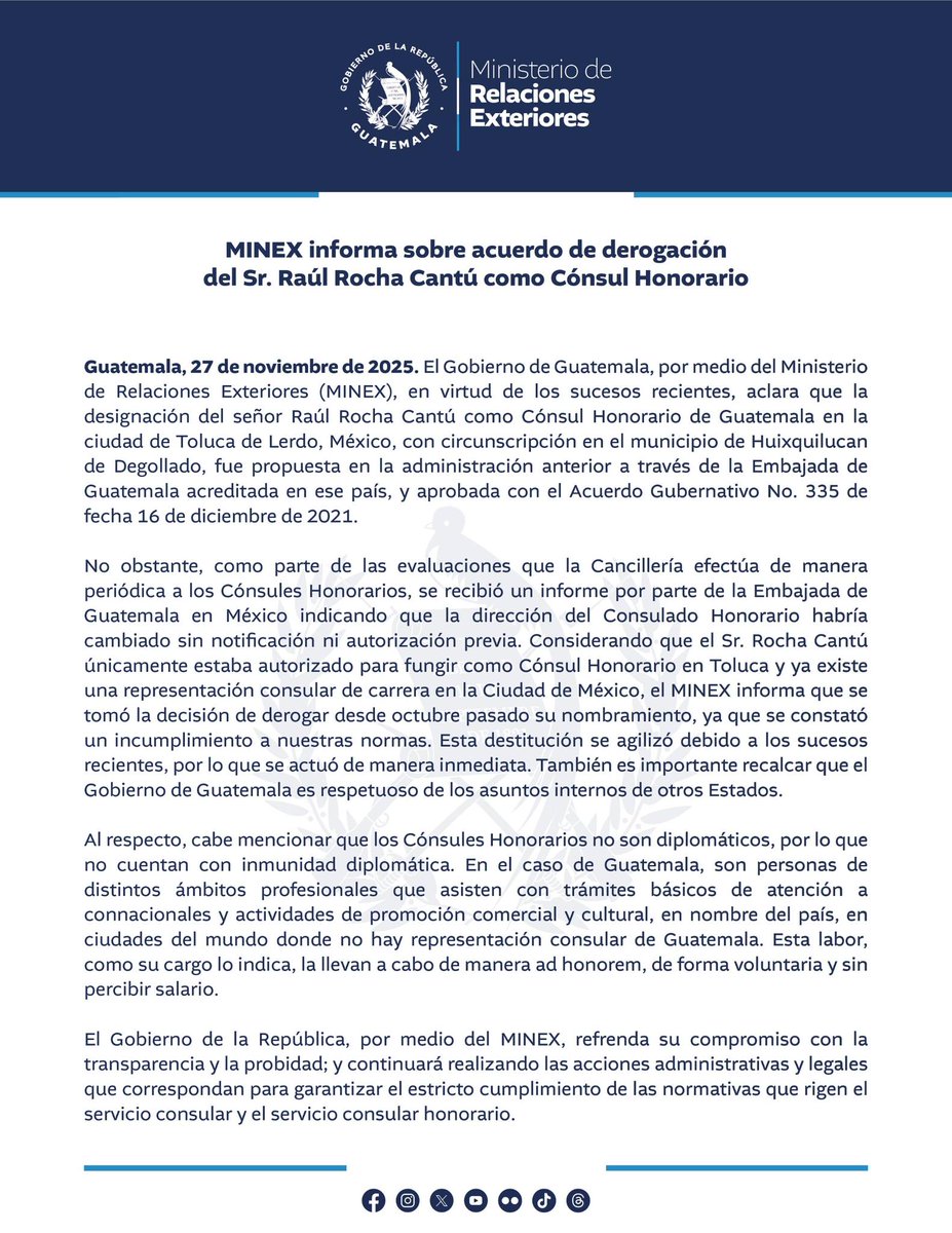 DiariodeCA's tweet image. #EnElPaísDCA | El @MinexGt informa sobre acuerdo de derogación del Sr. Raúl Rocha Cantú como Cónsul Honorario.

✍️🏻Redacción Web
📷#MINEX