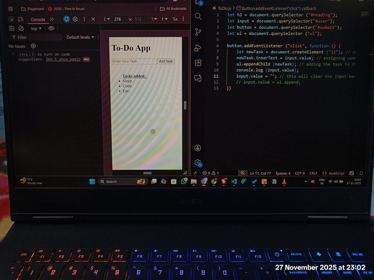 growing_phool's tweet image. #Day 54 of #90dayscodingchallenge 
- little bit of workout.
- made half of the to-do app using HTML CSS &amp;amp; js, half to go.

I don&apos;t know why I can&apos;t wake up till late in the night, I&apos;m a early morning person.
46 days to go.
Signing off.
#WinterArc  #WebDevelopment #javascript