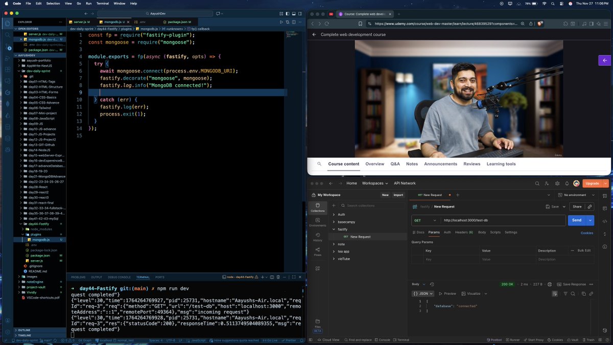 aayushsaini_dev's tweet image. Locked in today🔥— explored Fastify plugins in depth and built a custom MongoDB plugin to connect the database smoothly. Tested the /test-db route in Postman and boom💥DB connected!
Leveling up step by step🧠
Huge thanks to @hiteshdotcom for the solid guidance🙌
#fastify #mongodb