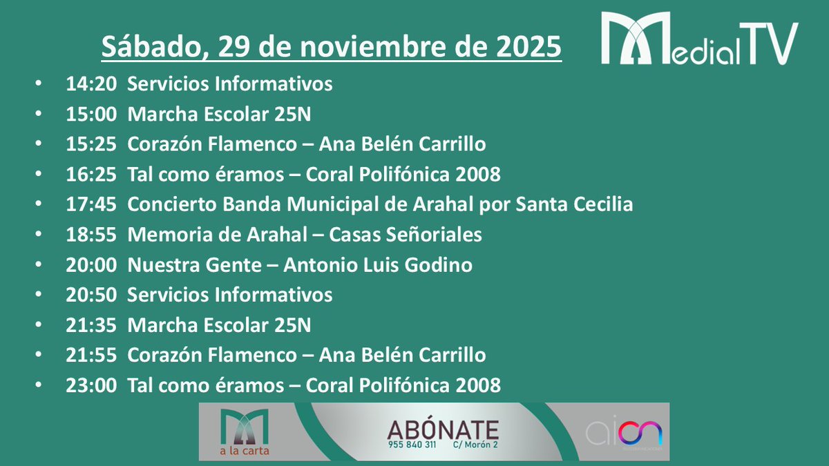 Medial_TV's tweet image. #Programación #MedialTV📺
Sábado, 29 de noviembre. Estos son nuestros contenidos para hoy, con la novedad de:

No te lo pierdas‼️