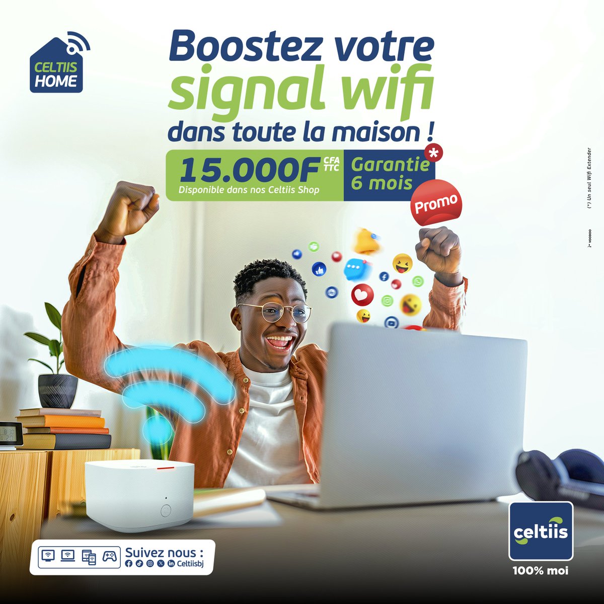 Tu galères à capter le signal au 3ᵉ étage ? Normal… tu n’as pas encore le Wi-Fi Extender Celtiis 😌

Il est en promo à 15 000 F au lieu de 20 000 F !

Passe vite en agence récupérer le tien !

#WiFiExtender #1erOpérateurGlobal #Celtiis100PourCentMoi