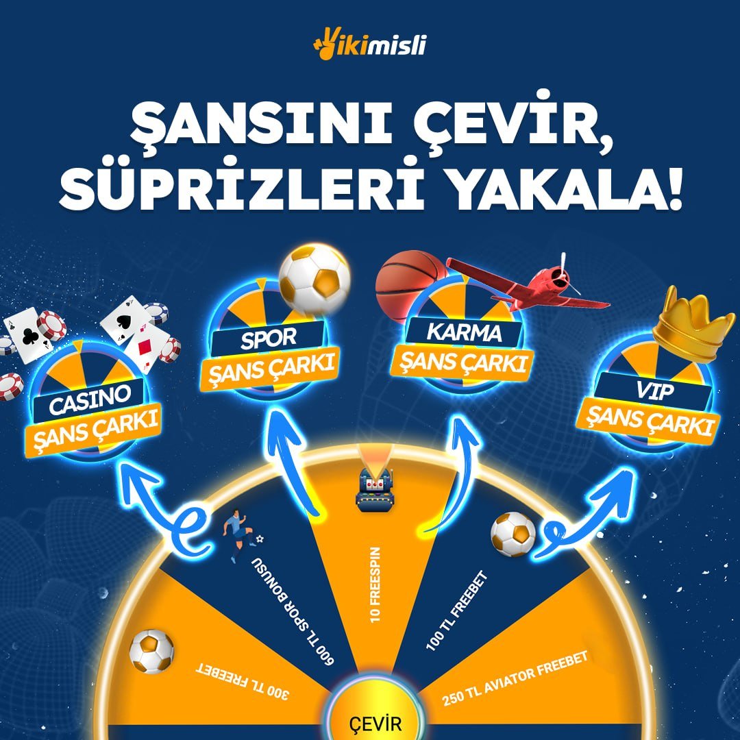 Günlük ve haftalık görevlerinizi tamamlayarak Şans Çarkı çevirme bileti kazan. Şans Çarkı ile nakit ödüller, bonuslar, freespin ve freebet kazanma fırsatları seni bekliyor.

İkimisli'de çarkı çevirerek ödüllerinizi alın, oyun deneyiminizi daha keyifli hale getirin.
