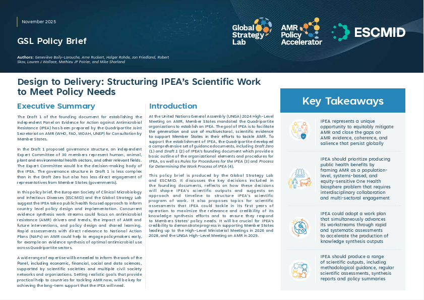 gstrategylab's tweet photo. How can the #IPEA, launching this December, maximize its outputs to be timely, credible & equitable?
This policy brief with @ESCMID explores how IPEA can organize its scientific work to ensure relevant, policy-responsive evidence: https://t.co/KvieiH8Wp5 https://t.co/ouW403j20S