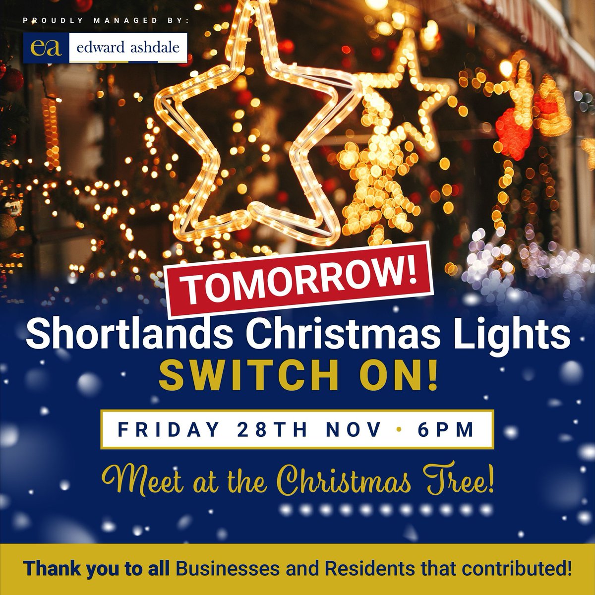 SHORTLANDS CHRISTMAS LIGHTS SWITCH ON - TOMORROW!
Join us, tomorrow evening on Friday 28th November at 6pm.
Meet by the Christmas tree!
A big thank you to all businesses and residents that contributed!

#shortlands #edwardashdale #christmaslights #shoplocal #shortlandsvillage