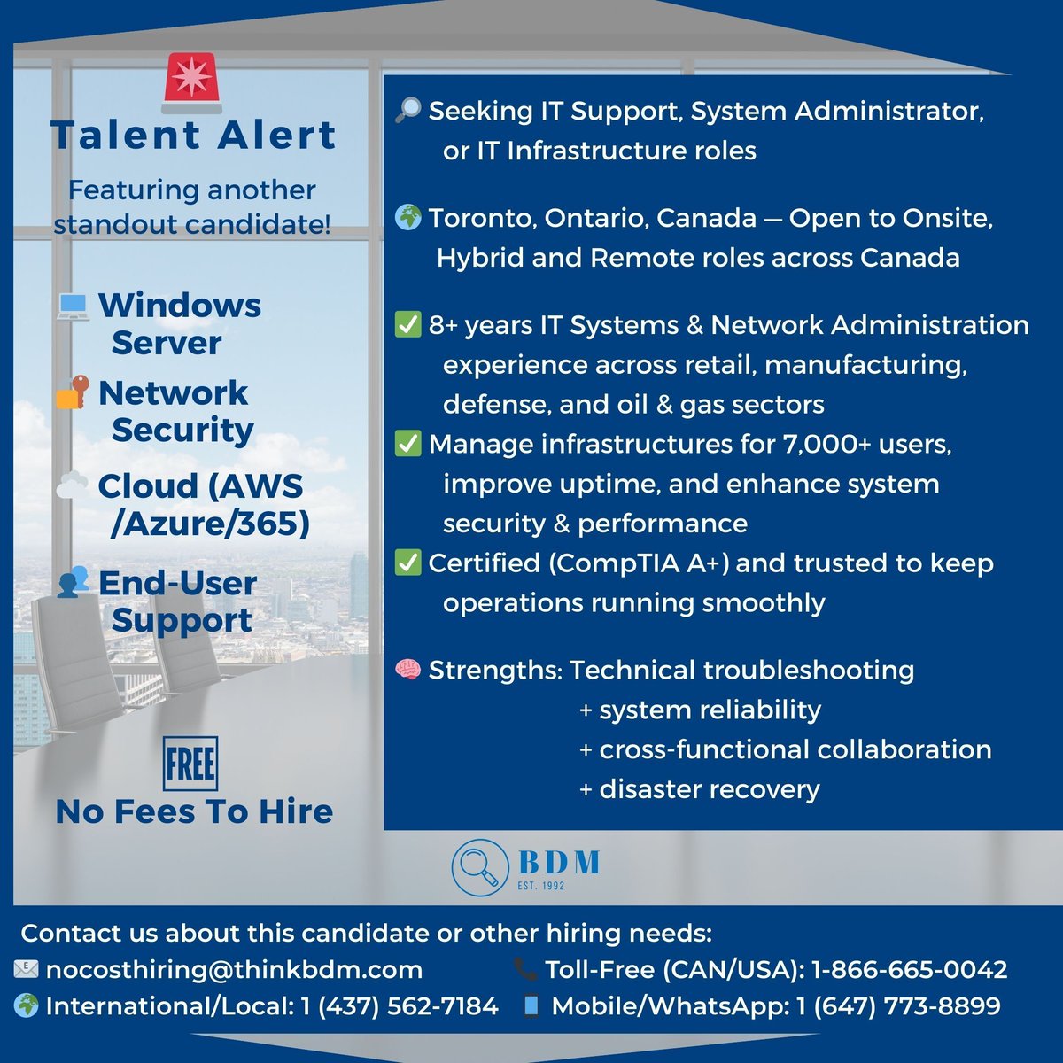 jobsfrombdm's tweet image. 🚨 #TalentAlert | #OpenToWork 🇨🇦
8+ yrs IT Systems &amp;amp; Network Admin
AWS • Azure • Cisco • Windows Server • 365
📍 Toronto | Open across 🇨🇦
🆓 No fees to hire → bdmservicenetwork.com/employers 

#TopTalent 🏆 #TechTalent ⚙️ #ITSupport 💻 #SysAdmin 🖥️