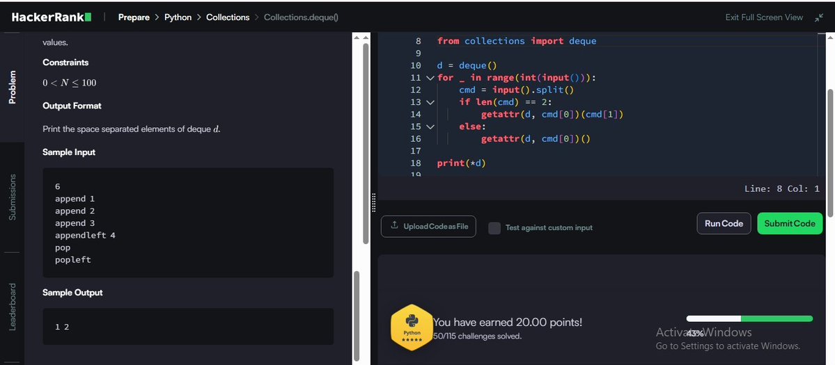 MRout75802's tweet image. Day 67/100 ✅
💡 Challenge: collections.deque()
🔹 Performed append, appendleft, pop &amp;amp; popleft operations
🔹 Learned efficient double-ended queue handling
🔹 Printed final deque contents correctly
#Python #100DaysOfCode #HackerRank
#CodingJourney #zigbee