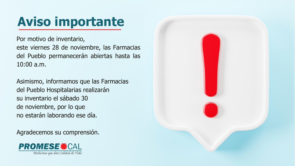 Horario especial en Farmacias del Pueblo por inventario. Agradecemos su comprensión🙏📢