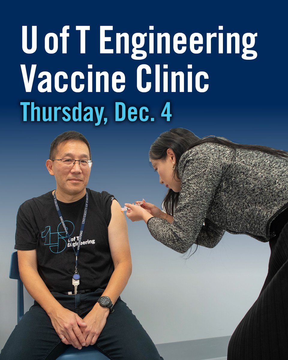 UofTEngineering's tweet image. 💉 #UofTEngineering Flu Vaccination Clinic happening next week!

We’re partnering with @UofTPharmacy  to offer a flu vaccination clinic at Discovery Pharmacy.

📅 Thursday, Dec. 4 
📍 Discovery Pharmacy, 144 College St

🔗 Book now: uofteng.ca/flu-clinic #UofT